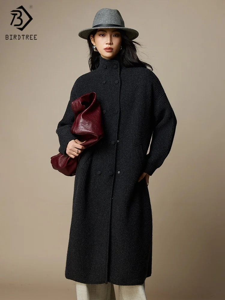 

Birdtree,100% Sheep Wool Knitted Long Cardigan,Woman Solid Stand Collar Single Breasted Sweater,2025 Autumn Overcoat T5O637JF