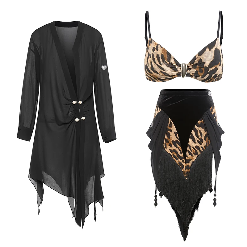 새로운 DUYQ 여성 블랙 라틴 댄스 공연 의상 작업복 탑 레오파드 프린트 Tassels 스커트 Chacha Rumba Dancing Wear DN21453