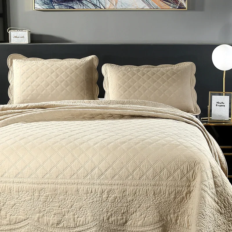 CHAUSUB Cotton Quilt Set 3PCS King Queen Size Bedspread on the Bed Blanket Quilted Bed Cover Solid Color Embroidered Coverlet