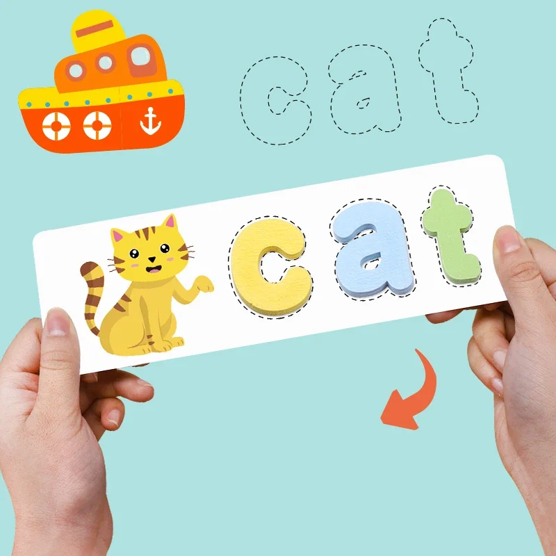 26Pcs  Cartoon Learning Cards Wooden Spelling Words Puzzles Toys Lowercase English Alphabet Letters Toys Gifts for 