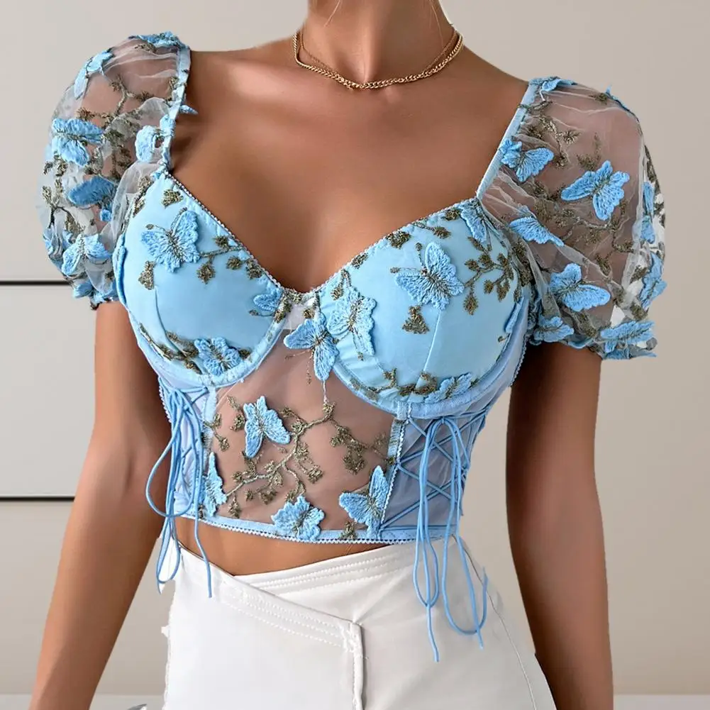 

Women Top Stylish Mesh Splicing Embroidery Flower Pattern Women's Cropped Top with Side Drawstring Design Sexy V-neck for Women