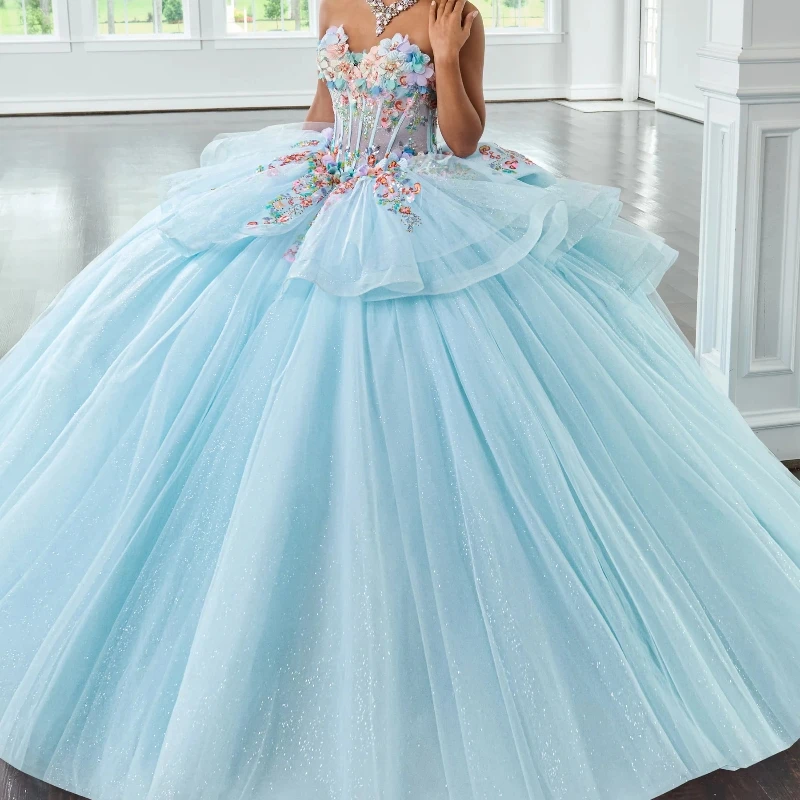 

Sky Blue Shiny Princess Sweet 16 Quinceanera Dresses Off The Shoulder Applique Lace Beads Tull Party Birthday Vestides De 15