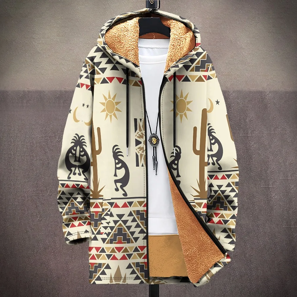 Men Cardigans Coats Colors Tribal Pattern Art Graphics Printed Plush Thick Winter Jackets Casual Streetwear Unisex Clothing