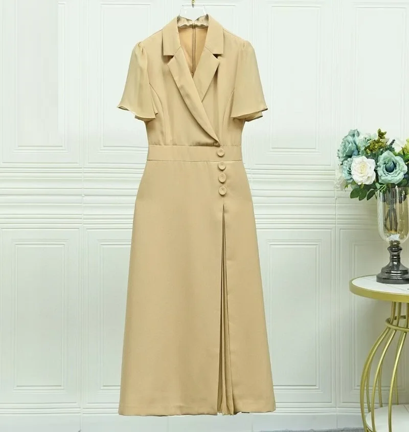 

Top Quality New Summer Dress 2025 Fashion Designer Women Notched Collar Button Deco Short Sleeve Mid-Calf Pleated Dress XXL