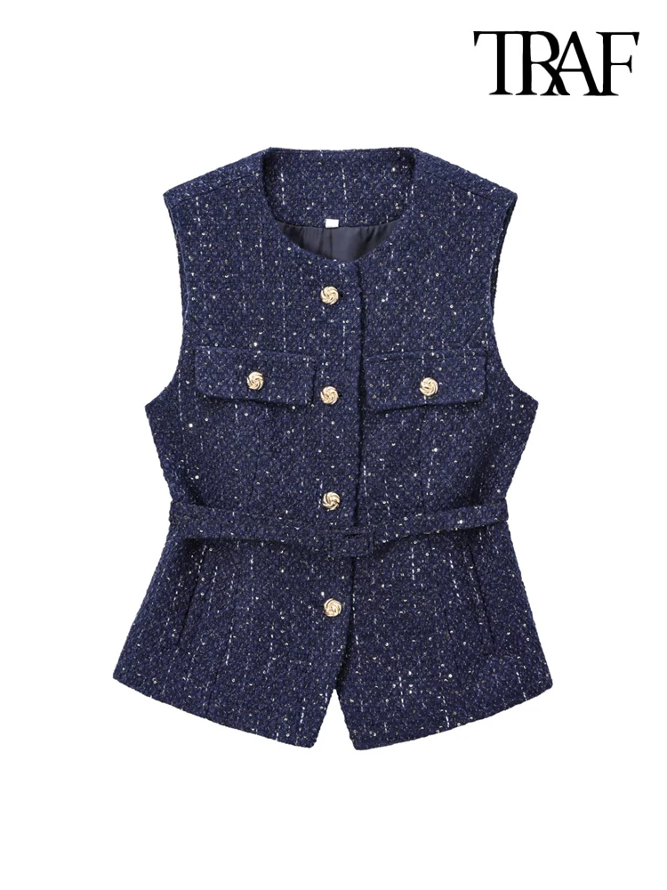 TRAF-Women's Tweed Waistcoat with Belt, O Neck, Sleeveless, Front Button, Female Outerwear, Chic Tops, Fashion