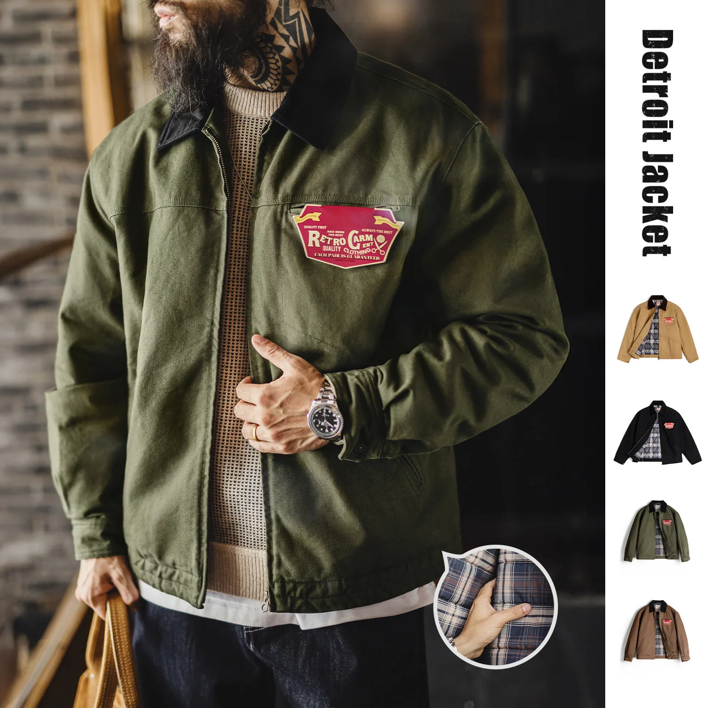 Maden Vintage Men's J001 Detroit Jacket Lapel Collar Warm Quilted Work jacket Heavyweight Cotton Safari Coat for Autumn Winter