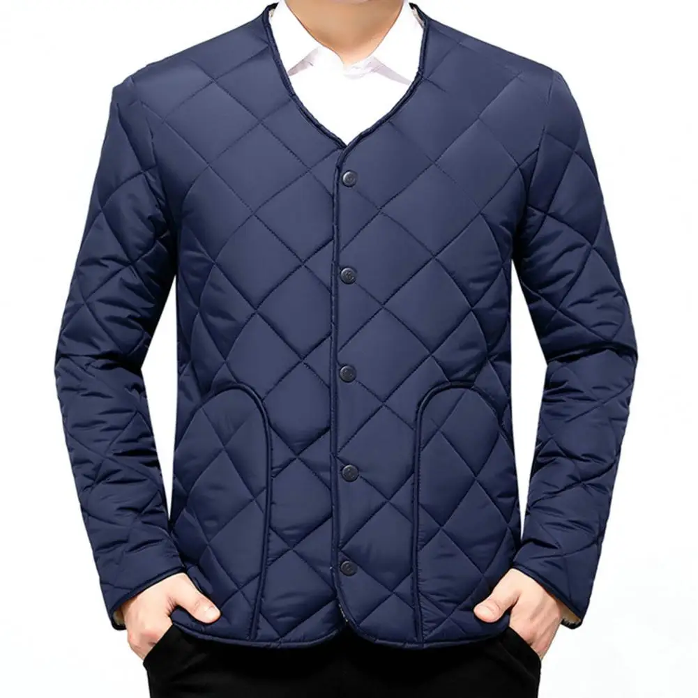 

Men Jacket Solid Color Down Padded Jacket Winter Down Padded Jacket for Men Stylish Outerwear with Fleece Lining Long Sleeves