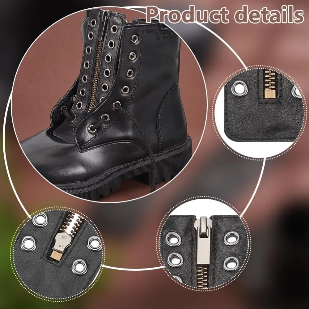 

Black Leather Lace-in Boot Zipper Inserts 8 Holes Adjustable Zipper Boot Laces Metal Eyelets Shoe Accessory No Tie Shoe Laces