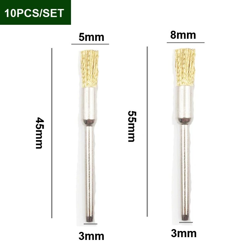 10 Stück 3*5/8mm Mini-Draht end bürste Stahl/Messing/Borste für Dremel 1/8 "Schaft Stift form Rotations werkzeug Zubehör Schlacke Fleck Rost Staub – Detail 9