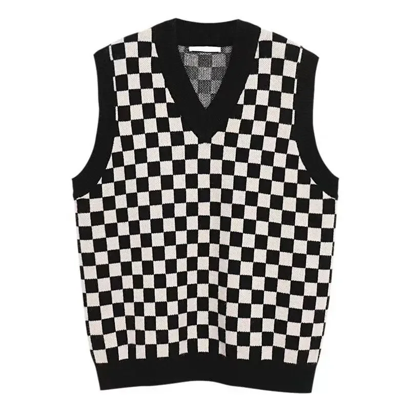 Waistcoat Graphic Knitted Sweaters for Men Black White V Neck Vest Plaid Man Clothes Sleeveless Long Sleeve 100% Large Big Size