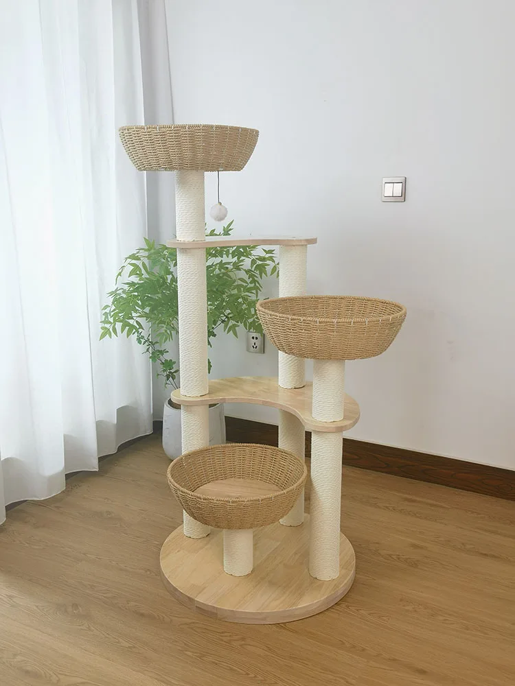 Solid wood cat climbing frame, small jumping platform, Japanese rattan woven