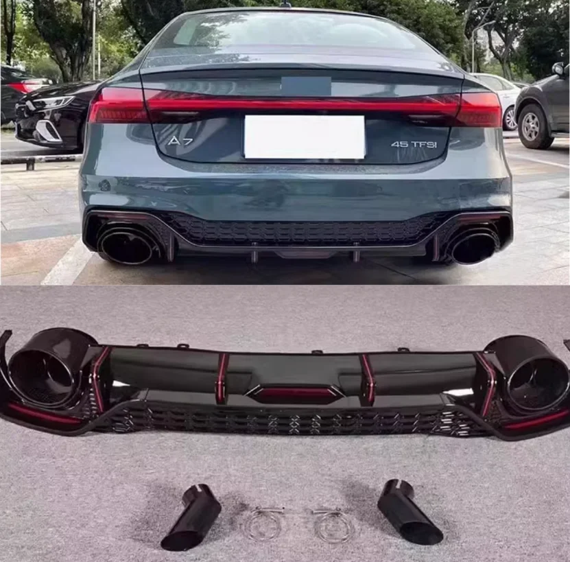 ABS Black Rear Bumper Diffuser & Exhaust Tips Trunk Door Lip Spoiler For Audi A7 S7 Sline 2019 2020 2021 2022 2023 Upgrade RS7