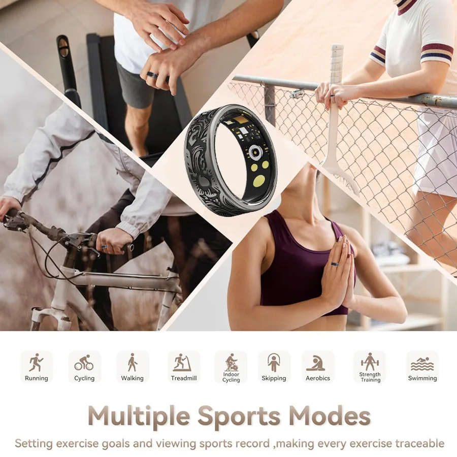 남녀공용 스마트 링, 심박수 및 혈중 산소 모니터링 기능, 다양한 스포츠 모드, 안드로이드 및 iOS 호환