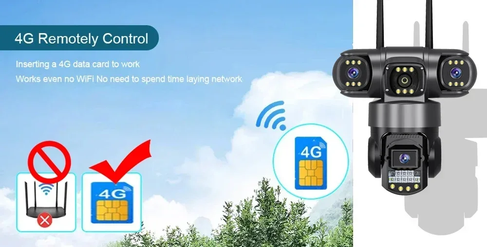 3 Lens Video Surveillance Camera Wifi Network CCTV Camera 4G SIM Card Wireless 360 Monitor Outdoor Waterproof Security Cameras