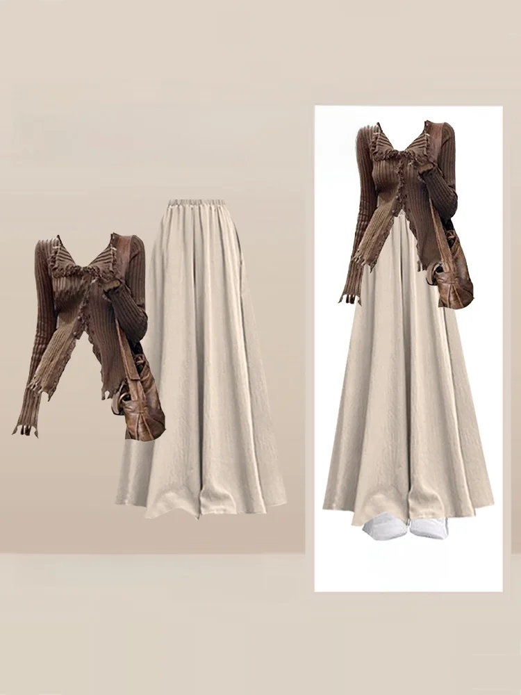 

Осенний ленивый женский вязаный топ в стиле ретро кофейного цвета с завязкой на талии, утягивающий топ с высокой талией, повседневная юбка, комплект брюк