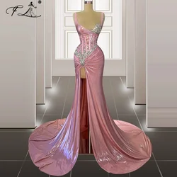 Pink Mermaid Evening Gown Sexy High Split Prom Dress Sequined African Wedding Party Dresses Vestidos De Fiesta Customized