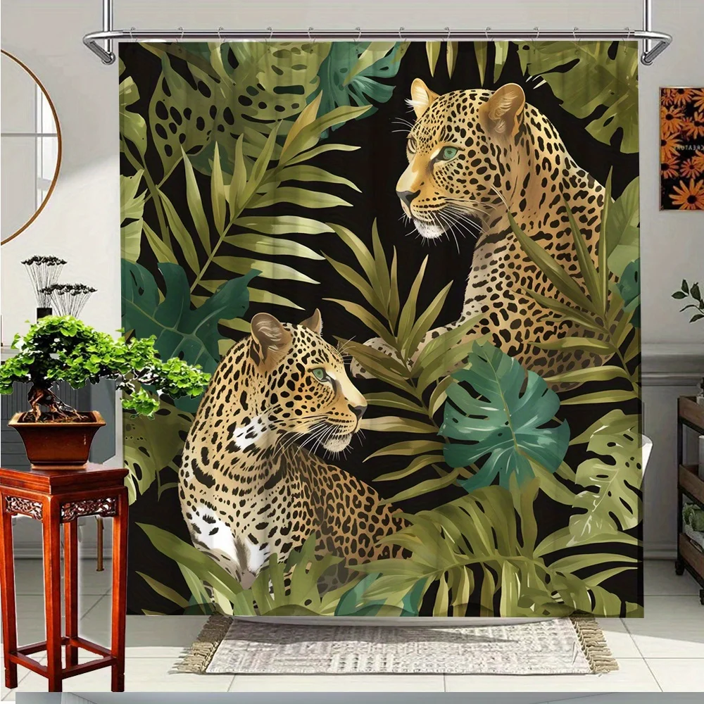 

1pc Jungle Leopard Shower Curtain - Vivid Tropical Animal Print with 2 Leopards & Foliage, Polyester Fabric, Machine Washable