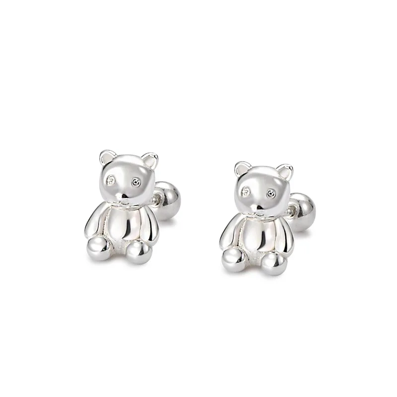 Uniorsj 100% 999 Sterling Silver Cute Cartoon Mini Bear Screw Bead Small Stud Earrings for Women Piercing Jewelry