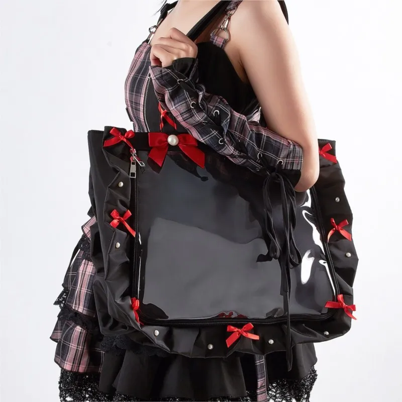 Bolso Ita con lazo de cinta con volantes japonés para mujer, bolso de hombro transparente multifuncional, insignia de Anime, bolso de mano espacioso