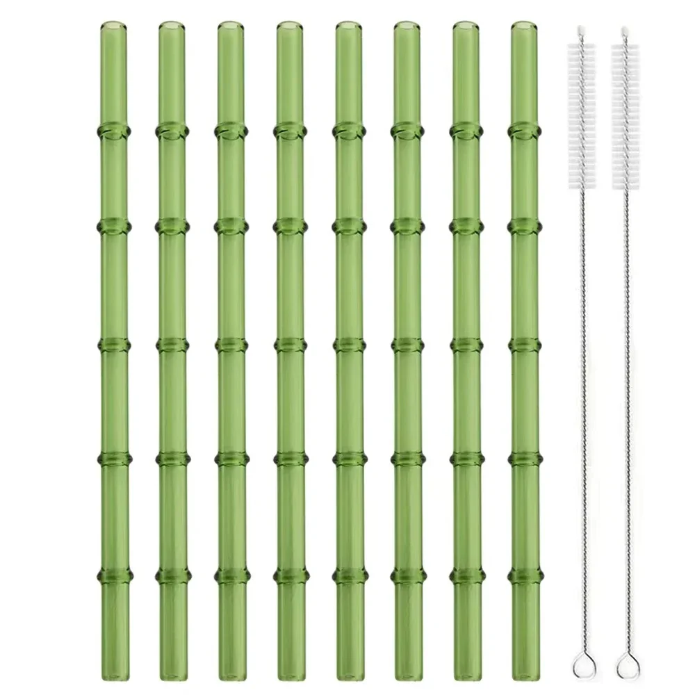 8 Stück wiederverwendbare Trinkhalme aus Glas, 200 x 8 mm, grünes Bambus-Design mit 1 Reinigungsbürste für Smoothies, Milchshakes, Säfte, Tee