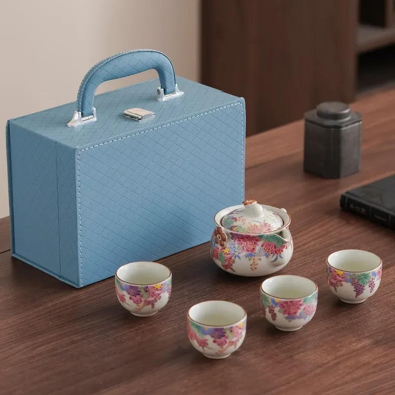 Hand Painted Floral Ceramic Tea Set Portable Travel Tea Kit with Gift Box for Gifting and Daily Tea Brewing  Drinking Utensils