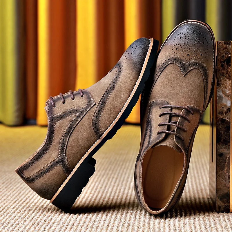 

Men's Leather Shoes Size 38~46 Brogue Dress Shoes Man Wedding Leather Social Shoe Male Retro Suede Leather