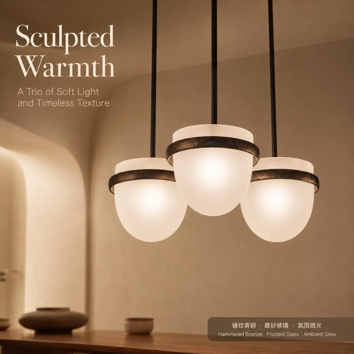 Minimalist Wabi Sabi 2026 Latest Chandelier Clear Frosted Glass Shade Hammered Bronze Metal Ring Light for Dining Room Decor