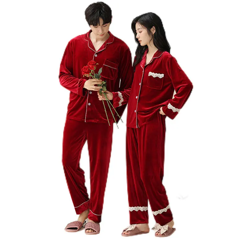 

Couple Matching Velvet Pajamas Set Long Sleeve Button Down Sleepwear with Lace Men Women Home Nightwear Couple Christmas Gift