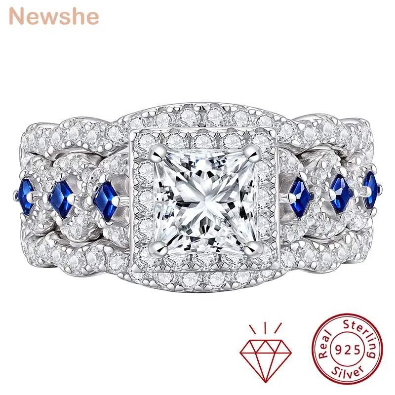 

Newshe 3 Pcs Certified Moissanite Wedding Rings Set for Women 925 Sterling Silver 6.5mm Princess Cut Luxury Bridal Jewelry