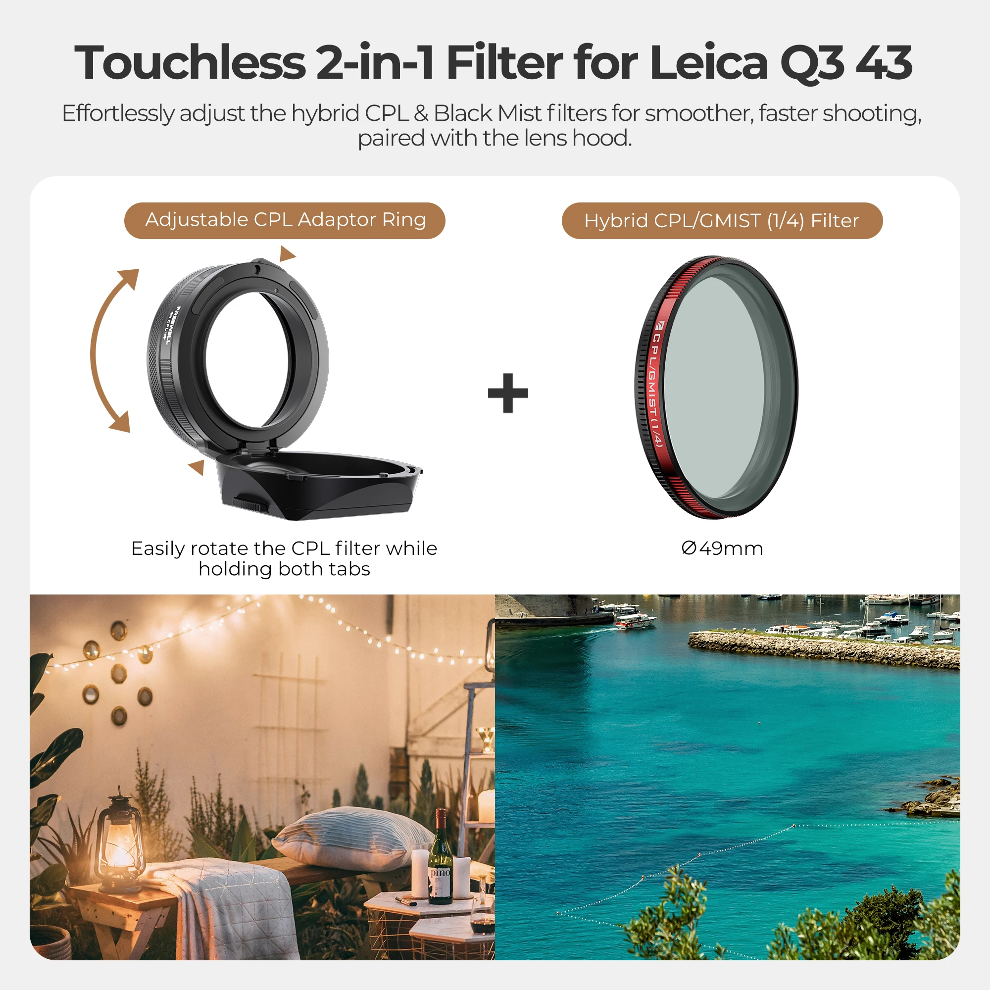 Freewell Gegenlichtblende mit CPL- und schwarzen Nebelfiltern, drehbarem Design und NFC-Kappenkompatibilität, Zubehör für Leica Q3 43 Kameras – Detail 4