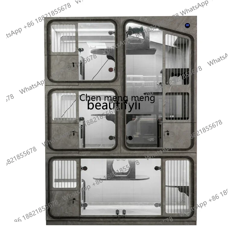 

zq1Light luxury double-layer cat cabinet integrated cat litter box solid wood cage double-sided glass display cabinet pet store