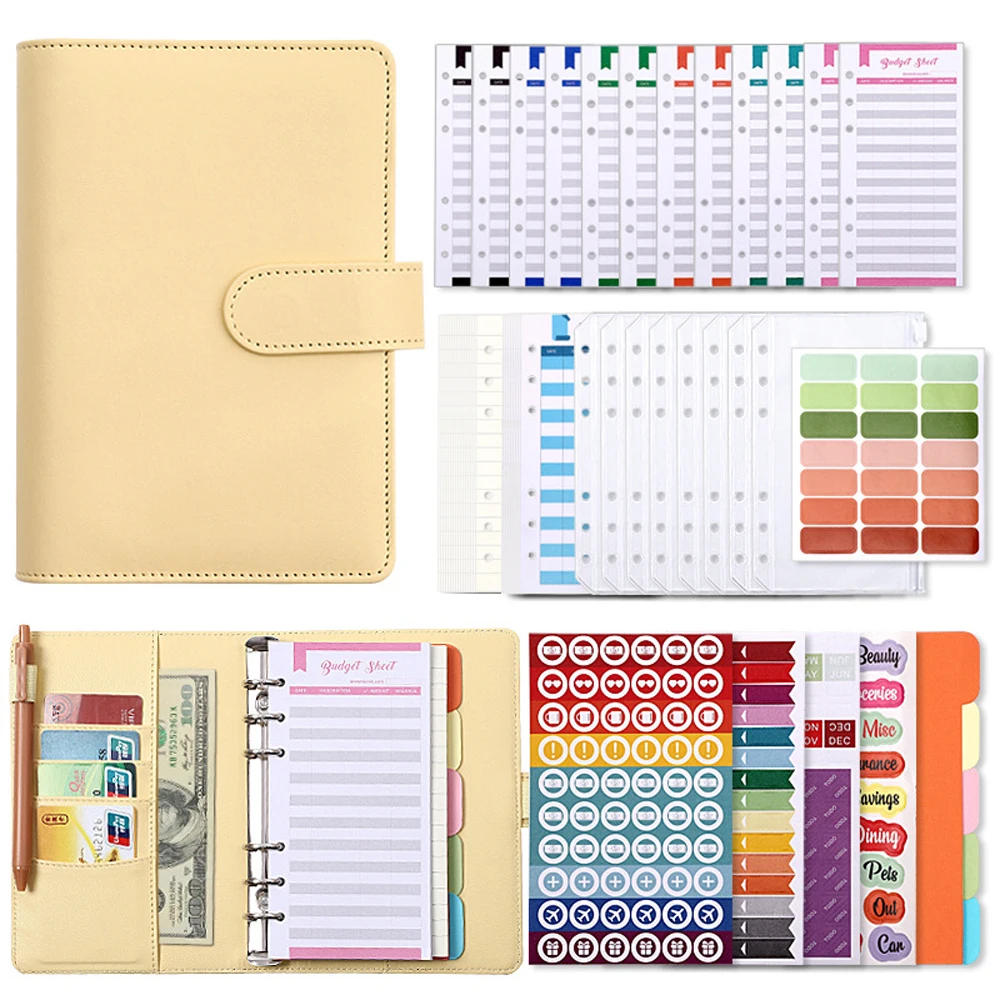 Classeur A6, 6 Anneaux Budget Planner, PU Cuir Classeur Budget avec Bouton Pression, Mini Classeur Pour A6 Enveloppe Budget.