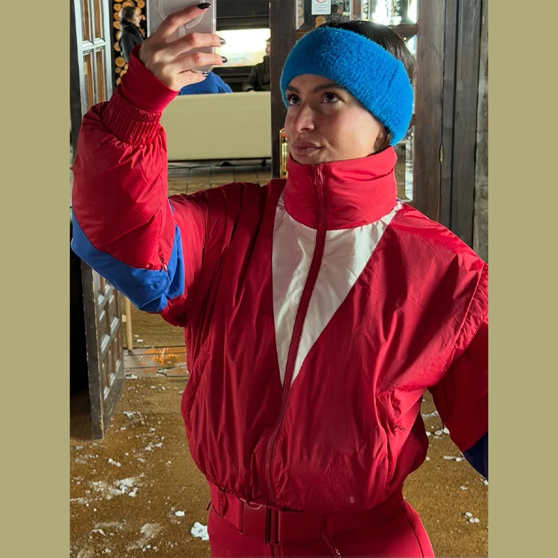 Damen-Skibekleidung, Panel-Design, Stehkragen, lange Ärmel, mit Gürtel, Jumpsuit, Winter, Damen, Reißverschluss, schmal geschnitten, Herbst/Winter, warm, Sportbekleidung, Neu – Detail 10