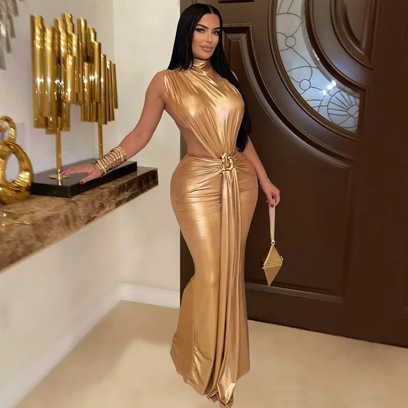 Doyerl Elegante Mettalic Party Avondjurken Vrouwen Nachtclub Celebrity Metalen Ring Lint Ruches Prom Bodycon Maxi Jurk Gewaden