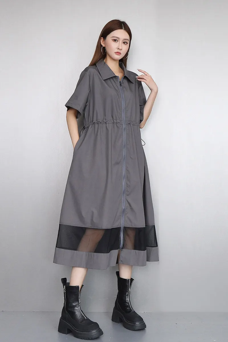 2026 Summer New Elegant Loose Long Zipper and Drawstring Shirt Dress Women Short Sleeve Dress Wholesale J2207