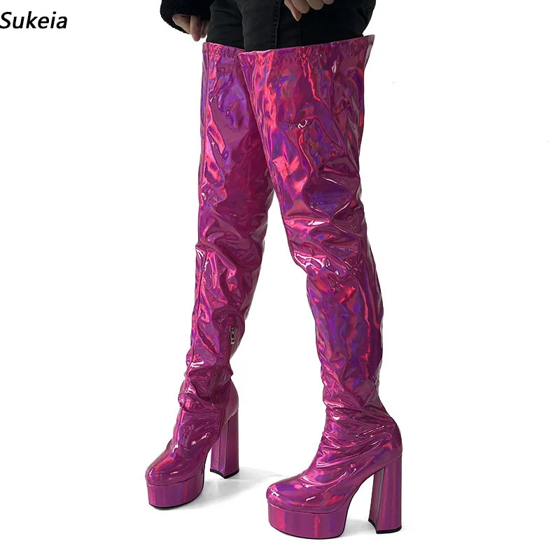 

Sukeia New Fashion Women Spring Shiny Thigh Boots Chunky Heels Round Toe Pretty Fuchsia Catwalk Shoes Ladies US Size 5-20