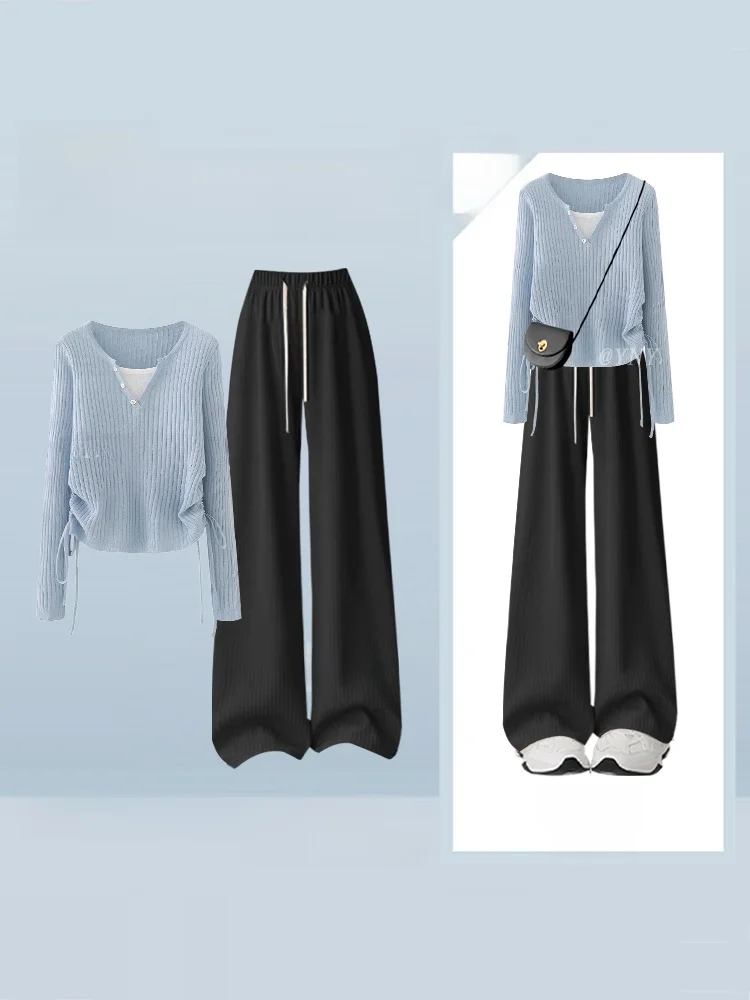 한국 슬레 가을 패션 안티에이징 투피스 세트 여성 캐주얼 니트 탑과 롱 팬츠 V넥 롱 슬리브 앙상블
