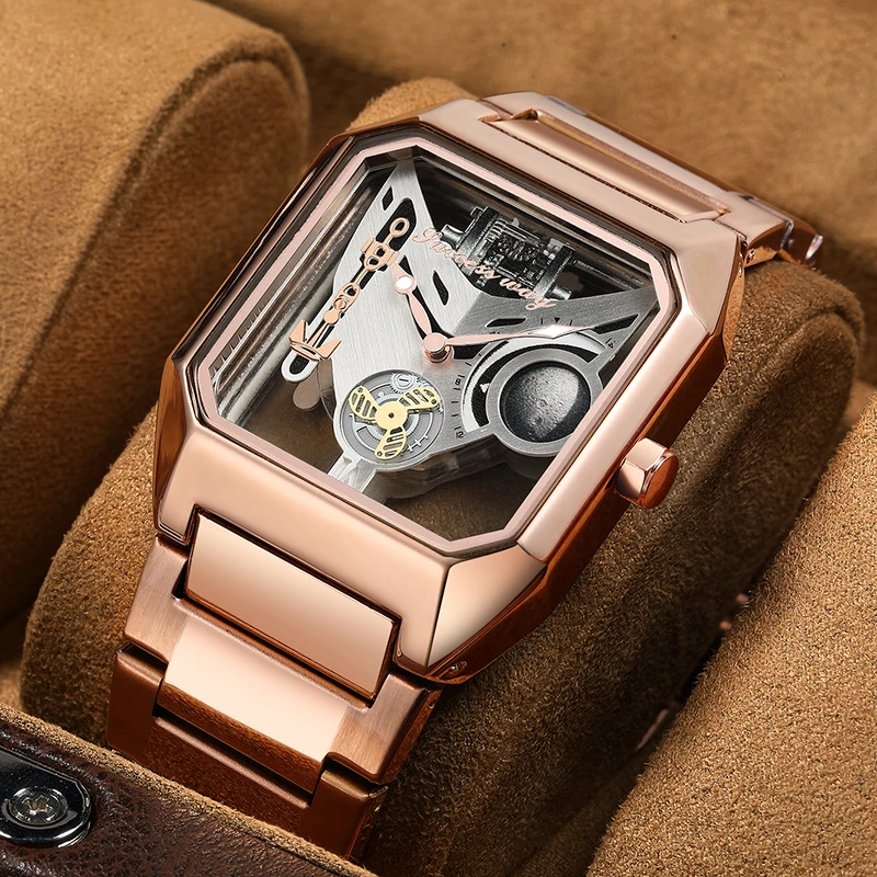 Luxury Men Watch Unusual Transparent Hollow Dial Male Quartz Wristwatch Rose Gold Black Square Watches Stainless Steel Man Clock