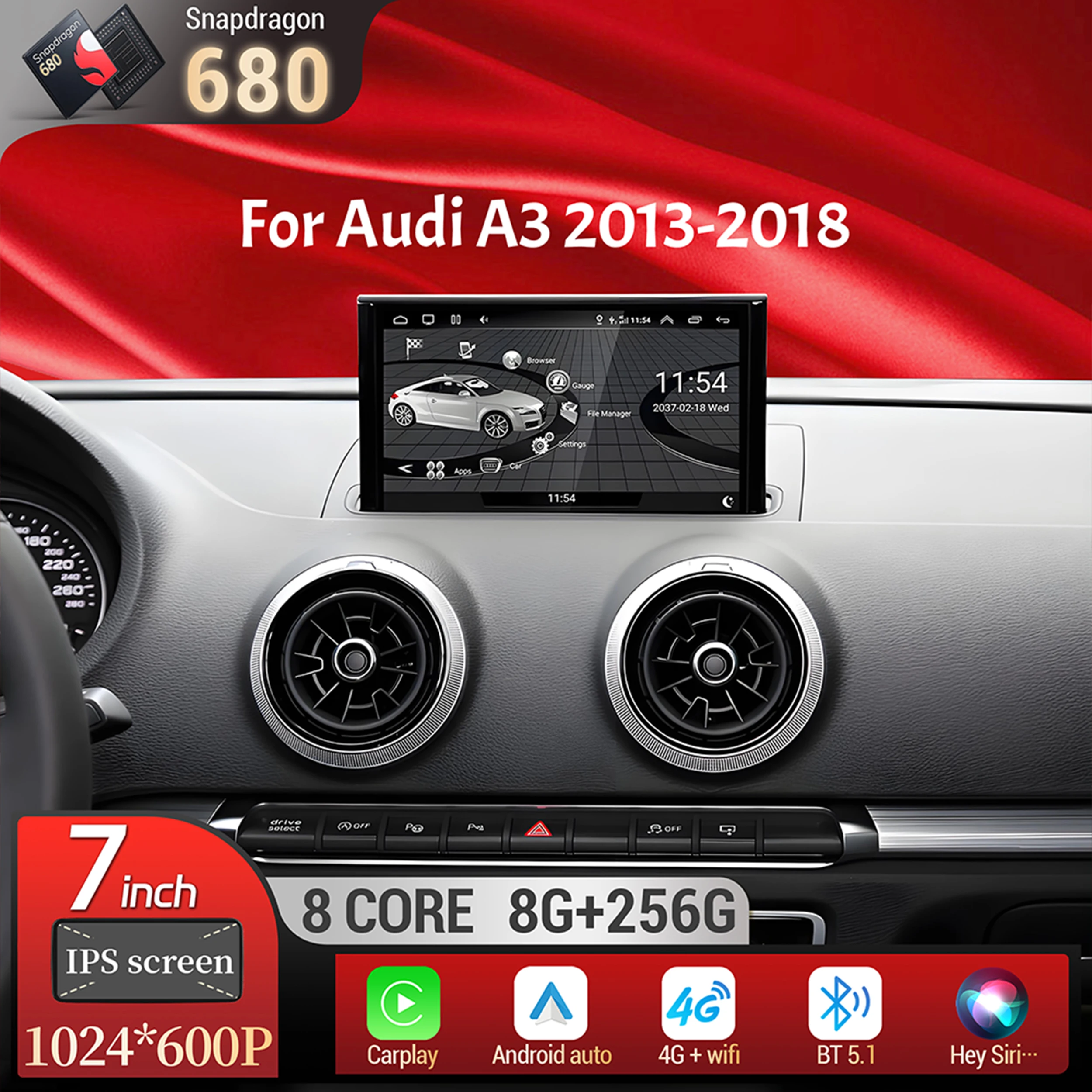 

7 inch Android 14 For Audi A3 2013-2018 Wireless Bluetooth Carplay Head Unit Qualcomm Snapdragon 680 Touch Screen Stereo System