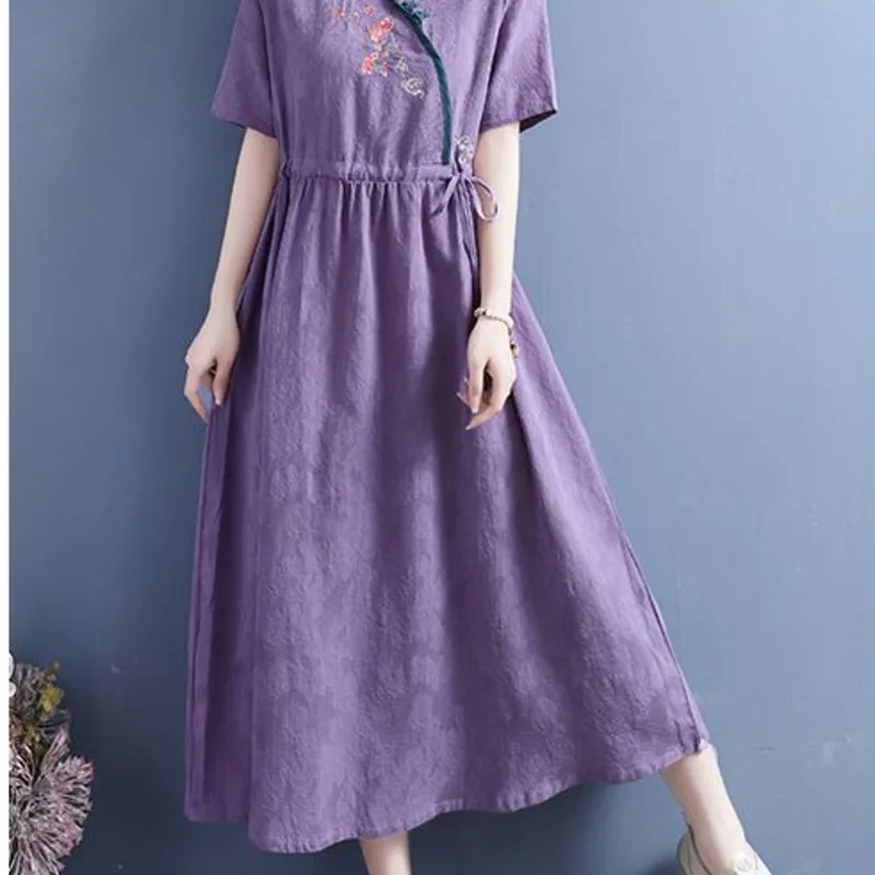 2025 여름 신상 코튼 린넨 버튼 자수 반팔 원피스 여성 중국풍 레트로 미디 원피스