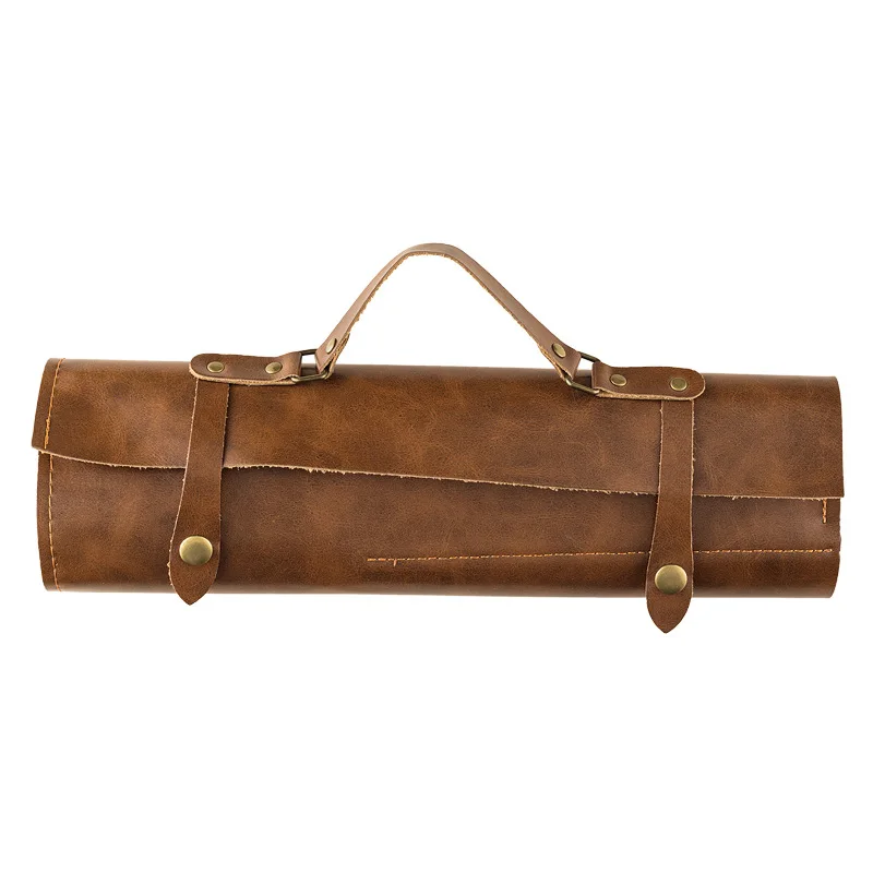 Portable Two-layer Cowhide Leather Chef Knife Bag Cooking Kitchen Knives Storage Roll Bag Camping Carry Case Pockets Pouch