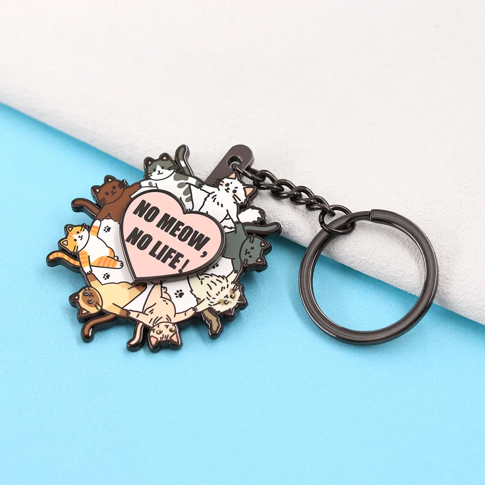 Cute No Meow No Life Keychain Rotating Metal Cat Keyring Kawaii Kitten Heart Pendant Spinning Key Chain Cat Lover Jewelry Gift