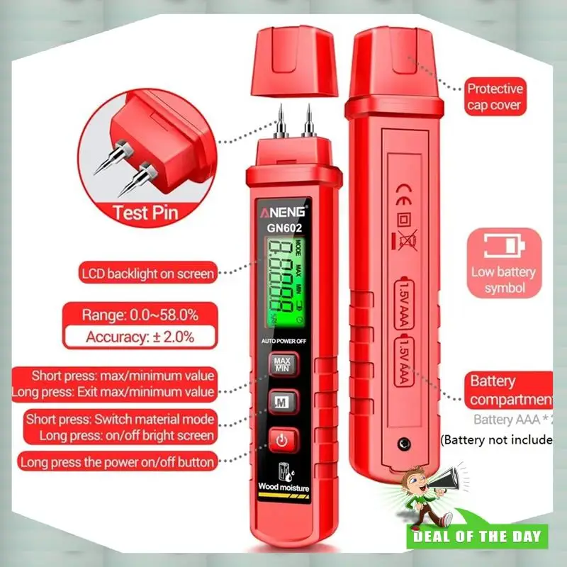 24-Hour Delivery  GN602 Intelligent Wood Moisture Detector 0~ 58 % Meter Tester For Building Material With Max/Mini Value