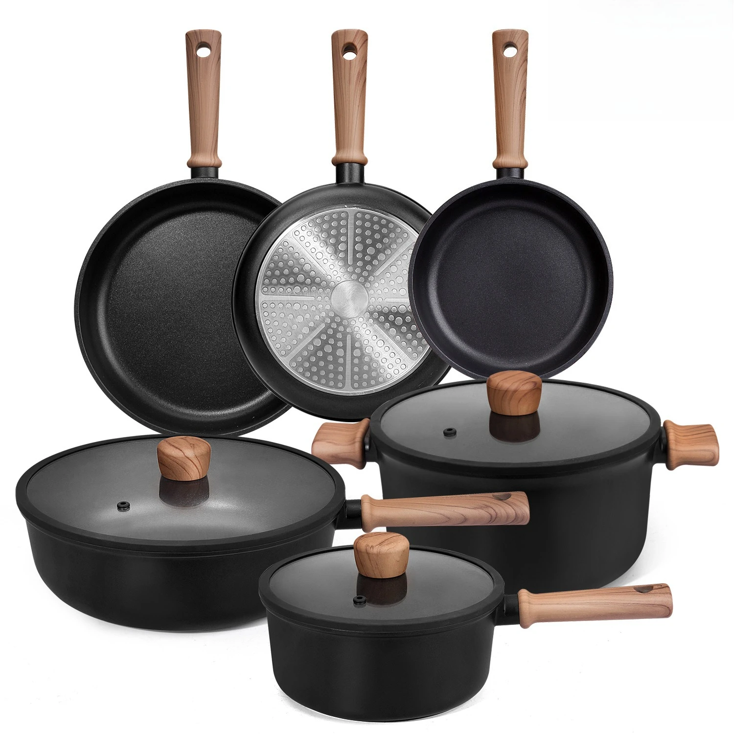 Juego de ollas de titanio transfronterizo, sartén antiadherente, sartén de fondo plano, cocina integrada para freír y asar, sartén antiadherente