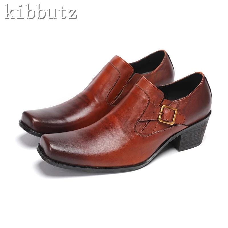 Square Toe Men High Heels Shoes Belt Buckle Slip On Genuine Leather Oxford Shoes Male Wedding Formal Office Business Shoes