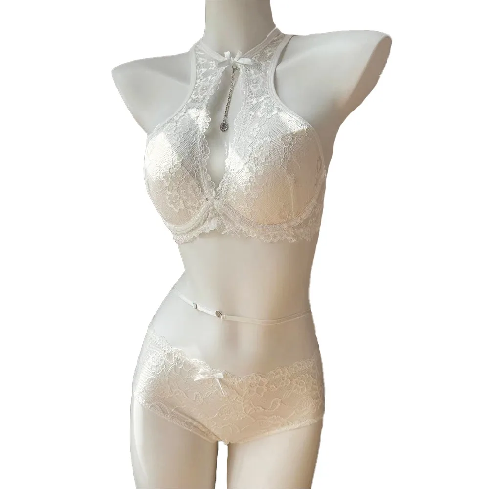 

Breathable Push Up Lace Bra Set Transparent Intimates Bra Panties Set Hanging Neck Bowknot Bra Suit Night Wear