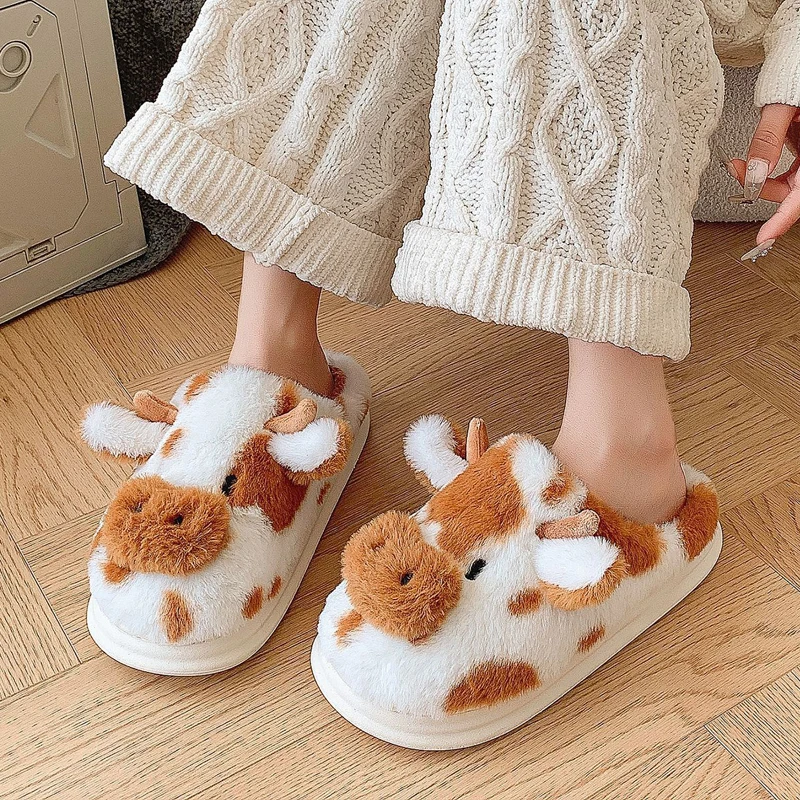 

Casual Fluffy Slippers Women House Cute Cartoon Cow Designer Shoes Girl Flat Fashion Elegant Plush Winter Platform Footwear Home