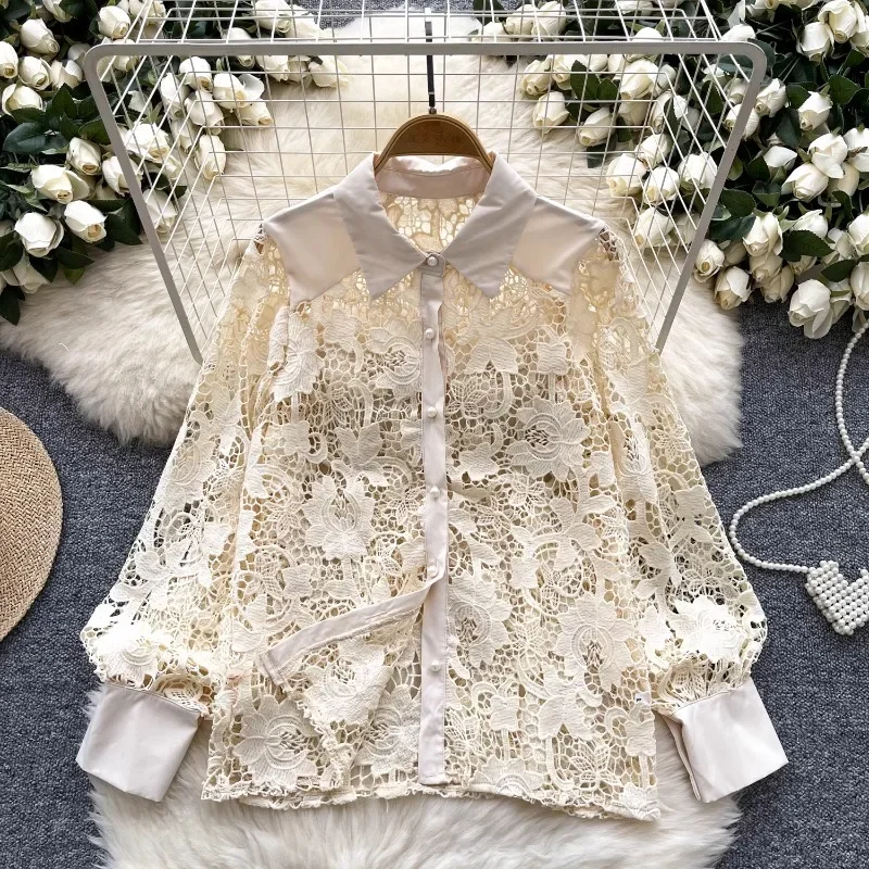 Neploe Elegant Chic Temperament Blouses Femme 2024 Autumn Hollow Out Hook Flower Embroidery High-End Style Sweet Lapel Shirts