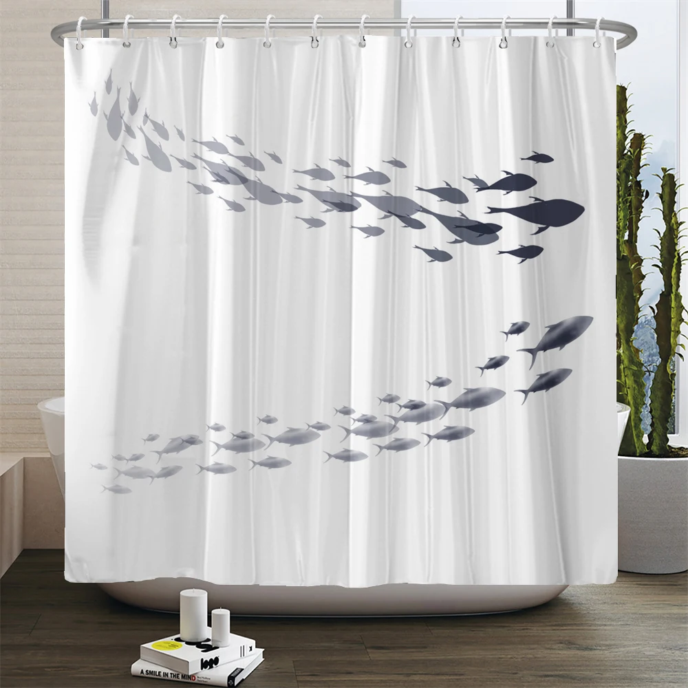 Simple style Ocean Fish Shower Curtain Printed Nordic Minimalist Waterproof Polyster Home Decor Bathroom Curtain with Hooks