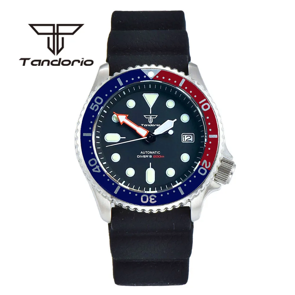 Tandorio 41mm 200m NH35A Diving Automatic Watch for Men Luminous Black Dial Date Sapphire Crystal Rotating Bezel Rubber Strap